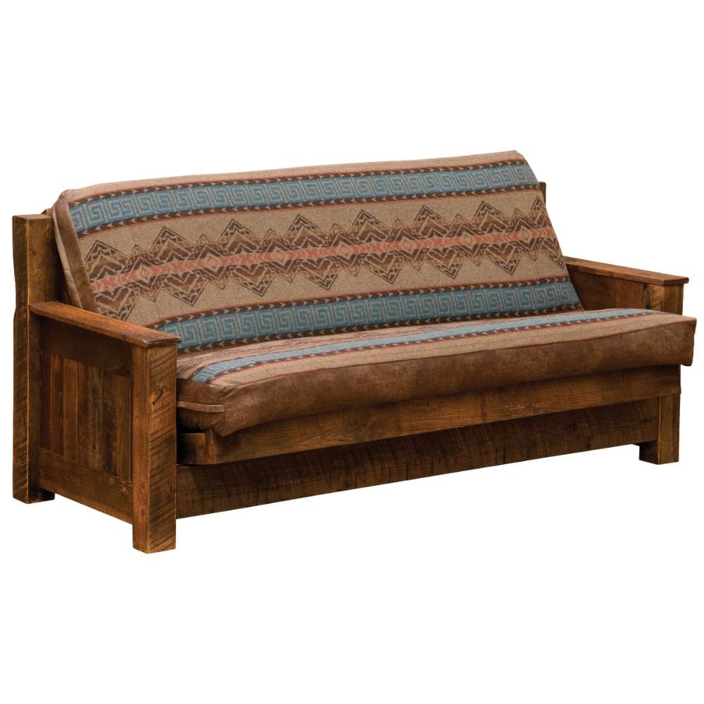 Fireside Lodge Barnwood Futon with 8 Mattress as a rustic wooden sofa with patterned cushions, giving the look and feel of a sturdy lodge-style couch