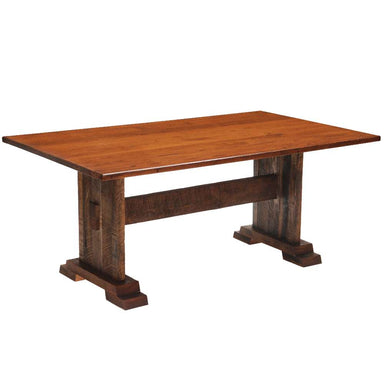 Fireside Lodge Barnwood Harvest Rectangle Dining Table - 7-Foot features a smooth antique oak top on two sturdy rustic pedestal legs