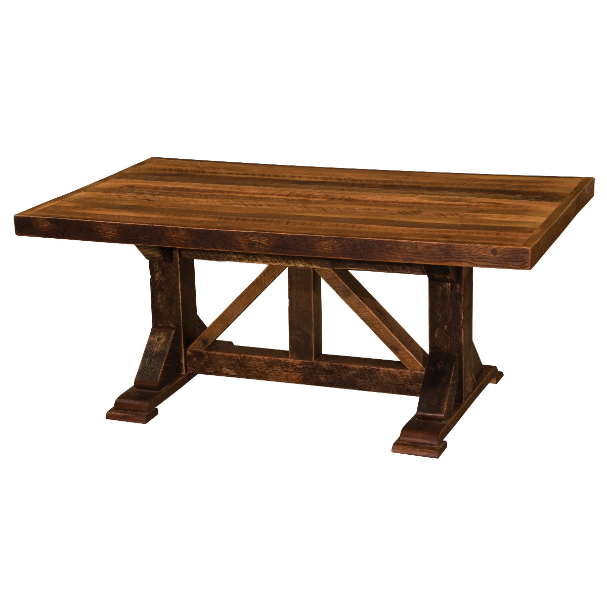 Fireside Lodge Barnwood Homestead Rectangle Dining Table - 6-Foot is a rustic wooden table with a thick top and sturdy trestle base