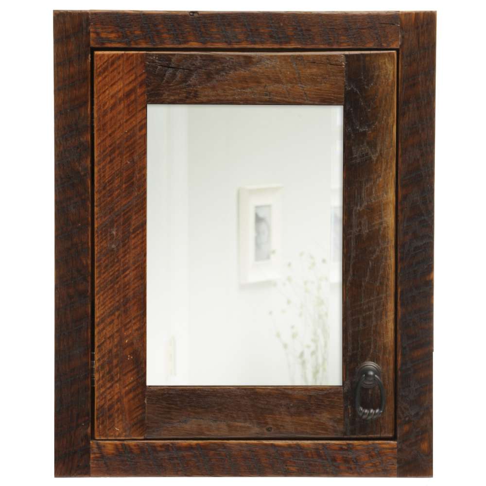 Fireside Lodge Barnwood Inset Medicine Cabinet is a rustic wooden medicine cabinet with a natural barnwood frame, mirrored door, and metal ring pull handle