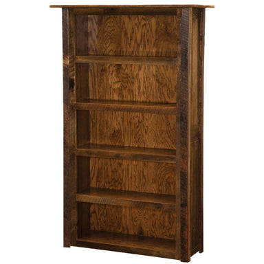 Fireside Lodge Barnwood Large Bookshelf is a tall, rustic wooden bookshelf with five open shelves made from reclaimed barnwood and a warm brown finish