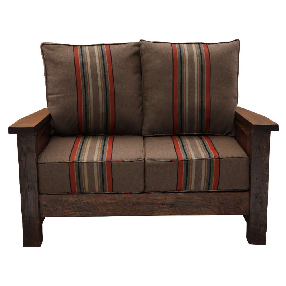 Fireside Lodge Barnwood Loveseat appears fully assembled with two brown striped seat cushions and two matching back cushions snugly fitted inside the wooden frame