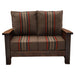 Fireside Lodge Barnwood Loveseat appears fully assembled with two brown striped seat cushions and two matching back cushions snugly fitted inside the wooden frame