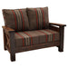 Fireside Lodge Barnwood Loveseat is pictured from an angle, showing its rustic wood frame and neatly arranged brown striped cushions on the seat and back