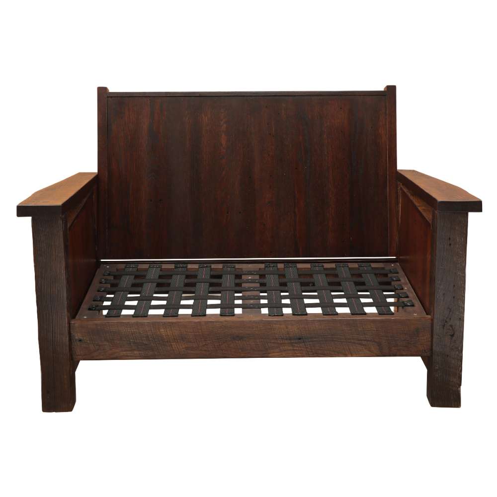 Fireside Lodge Barnwood Loveseat is shown as an empty rustic wooden frame with wide armrests and a grid of support straps where the cushions would sit