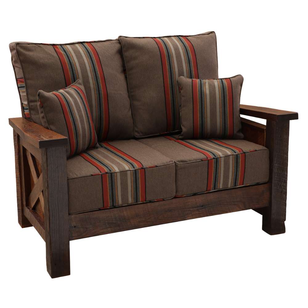 Fireside Lodge Barnwood Loveseat is shown with the cushions and two small matching accent pillows, highlighting its comfortable, rustic design