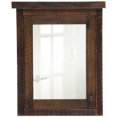 Fireside Lodge Barnwood Medicine Cabinet is a rustic wall cabinet with a weathered barnwood frame, mirrored door, and round metal knob