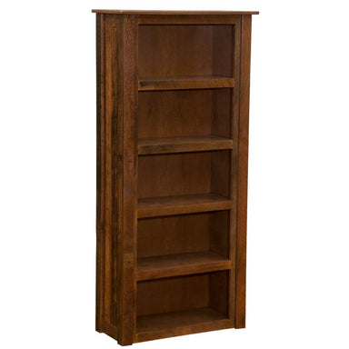 Fireside Lodge Barnwood Medium Bookshelf is a sturdy, dark-stained wooden shelf unit with four open shelves shown at an angle