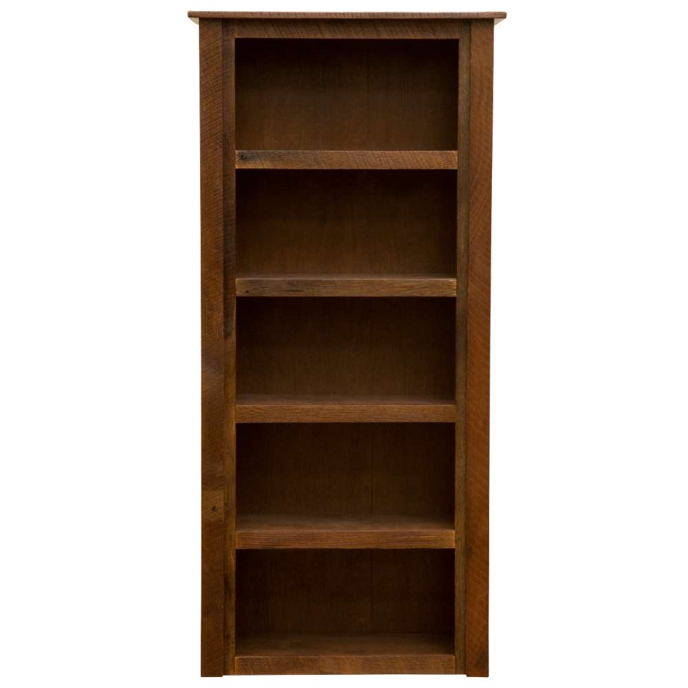 Fireside Lodge Barnwood Medium Bookshelf is a tall, dark wooden bookshelf with four open shelves