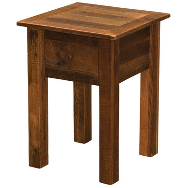 Fireside Lodge Barnwood One Drawer Nightstand is a rustic wooden table with a square top and a single front drawer featuring a round metal knob