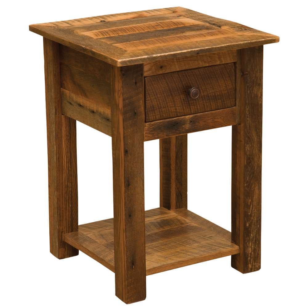 Fireside Lodge Barnwood One Drawer Nightstand with Shelf features a rustic design with a single drawer and a lower open shelf