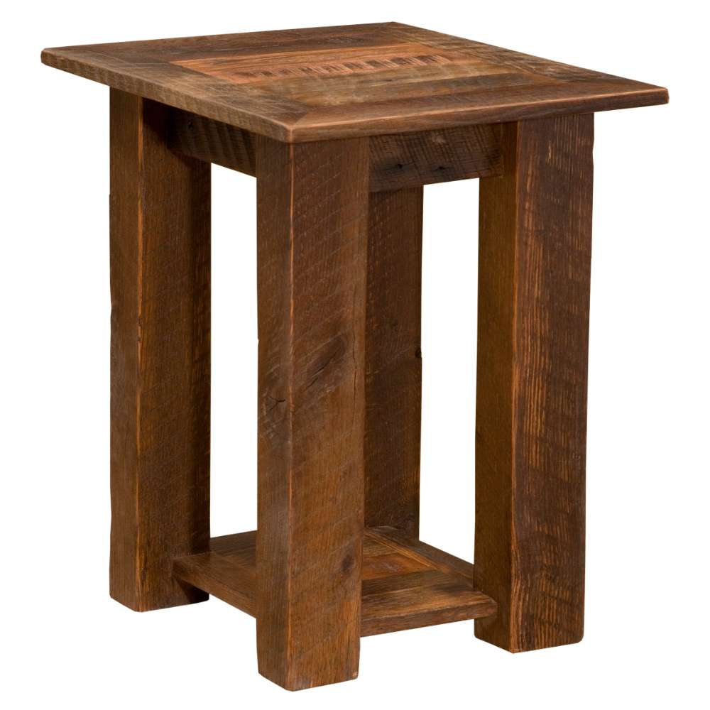Fireside Lodge Barnwood Open Nightstand is shown at an angle, featuring a rustic square top, thick barnwood legs, and an open lower shelf
