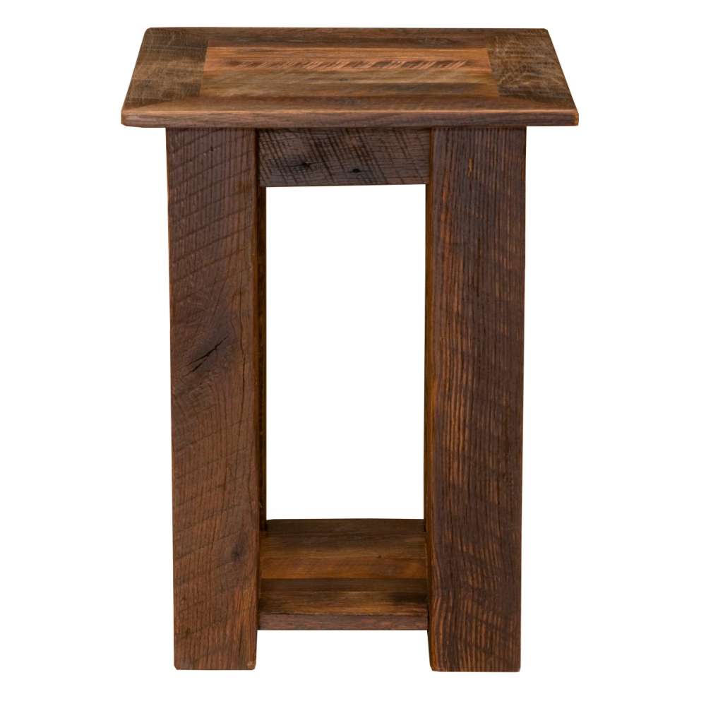 Fireside Lodge Barnwood Open Nightstand is shown from the front with solid barnwood sides, an open center, and a low storage shelf