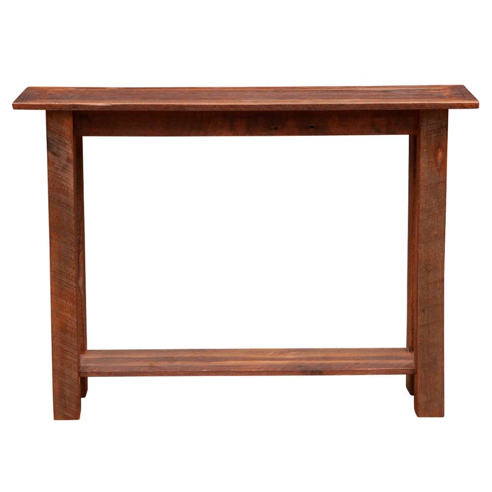 Fireside Lodge Barnwood Open Sofa Table from the front, revealing its simple rectangular shape with a wide top and a narrow lower shelf supported by sturdy legs