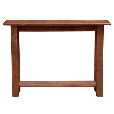 Fireside Lodge Barnwood Open Sofa Table from the front, revealing its simple rectangular shape with a wide top and a narrow lower shelf supported by sturdy legs