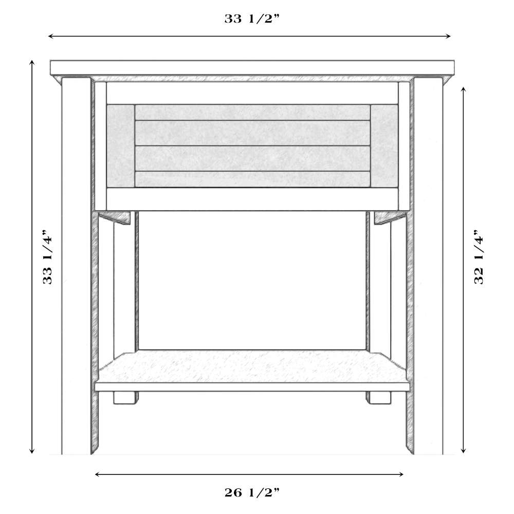 Fireside Lodge Barnwood Open Vanity with Shelf and Artisan Top is shown in a front-view diagram with measurements, highlighting its rustic wood frame and open lower shelf