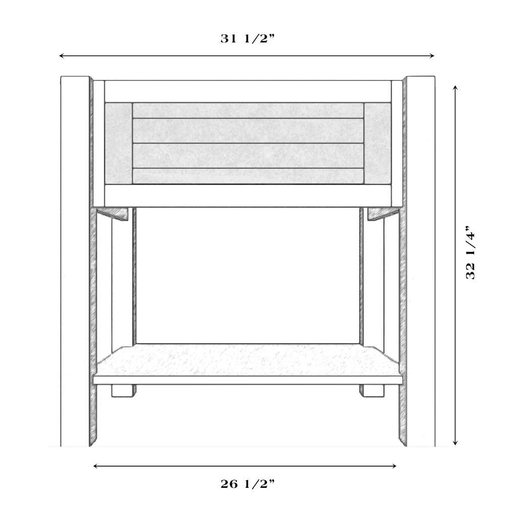 Fireside Lodge Barnwood Open Vanity with Shelf and Without Top is displayed in a measurement diagram without the top, emphasizing its solid wood structure and open bottom shelf