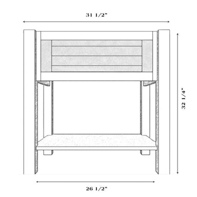 Fireside Lodge Barnwood Open Vanity with Shelf and Without Top is displayed in a measurement diagram without the top, emphasizing its solid wood structure and open bottom shelf