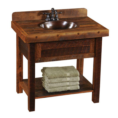 Fireside Lodge Barnwood Open Vanity with Shelf features a thick barnwood top, round vessel sink, sturdy legs, and an open shelf for towel storage