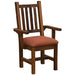 Fireside Lodge Barnwood Prairie Dining Arm Chair with a striped upholstered seat, featuring a rustic wood frame, slatted back, and supportive armrests