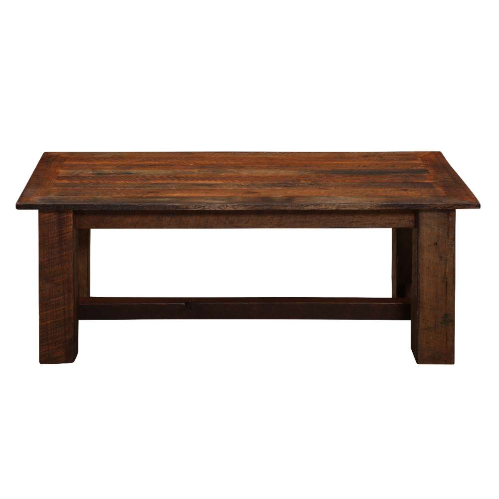 Fireside Lodge Barnwood Rectangle Coffee Table - 60" x 24" from the front, highlighting its wide reclaimed-wood surface and simple, sturdy frame