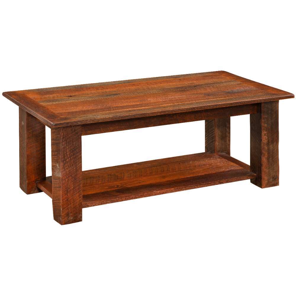 Fireside Lodge Barnwood Rectangle Coffee Table with Shelf - 48 x 24 is shown at an angle, displaying its long wooden top and bottom shelf