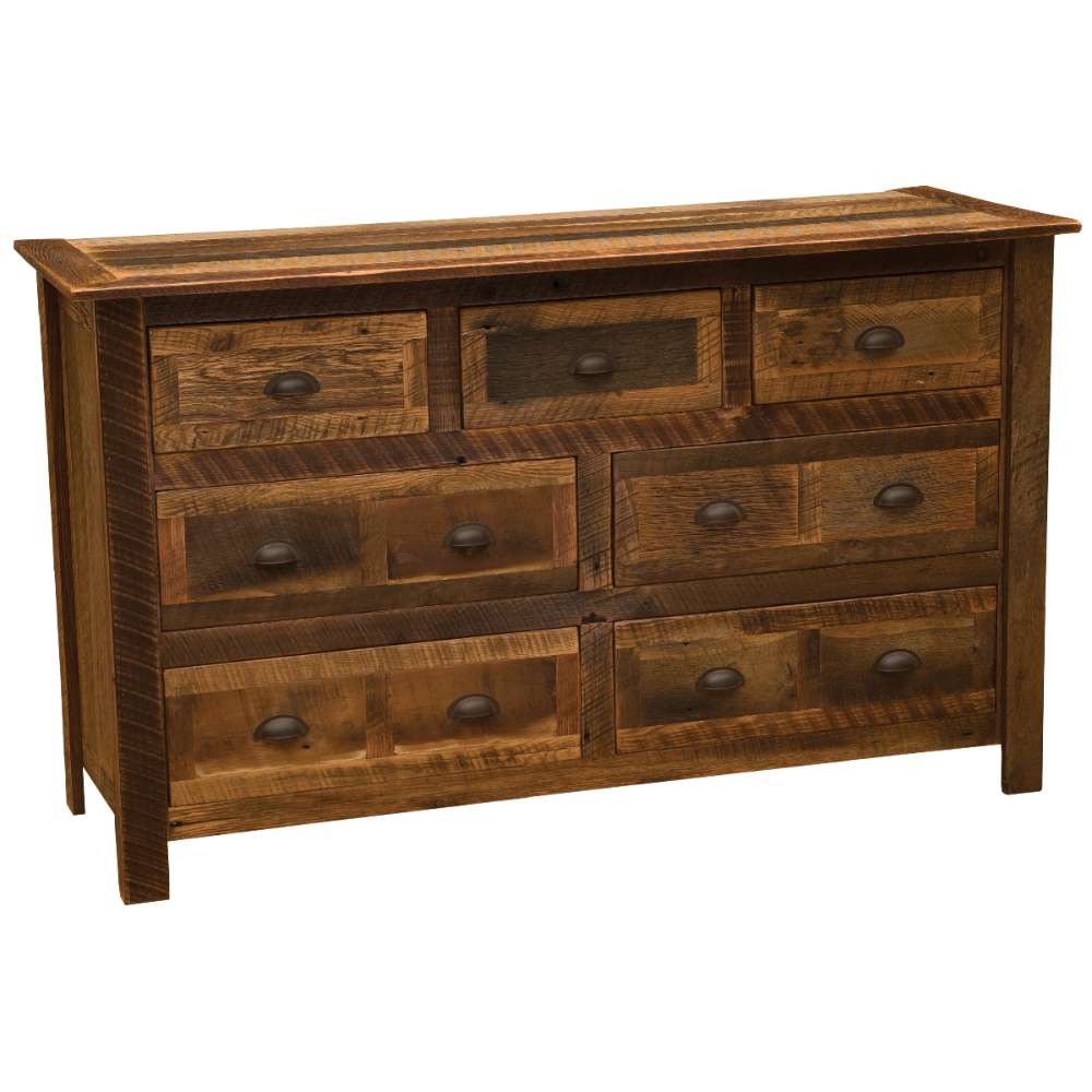 Fireside Lodge Barnwood Seven Drawer Dresser is shown at an angle with all drawers closed, highlighting its farmhouse-style wood grain