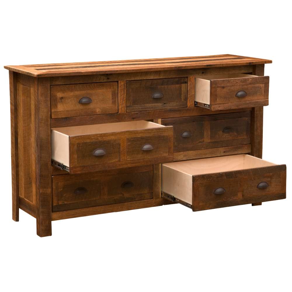 Fireside Lodge Barnwood Seven Drawer Dresser is shown at an angle with drawers open, showing deep storage and solid wood construction