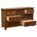 Fireside Lodge Barnwood Seven Drawer Dresser is shown at an angle with drawers open, showing deep storage and solid wood construction