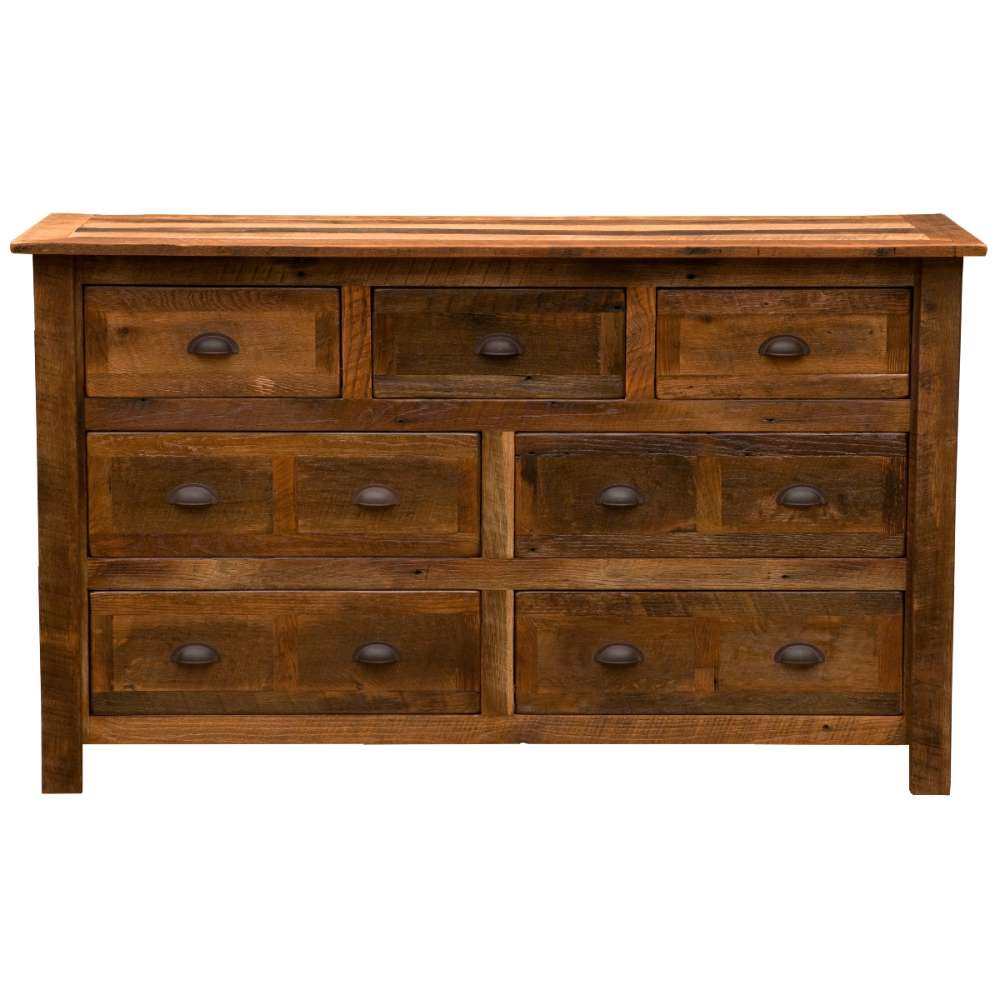 Fireside Lodge Barnwood Seven Drawer Dresser is shown from the front with all seven drawers closed in a rustic barnwood finish