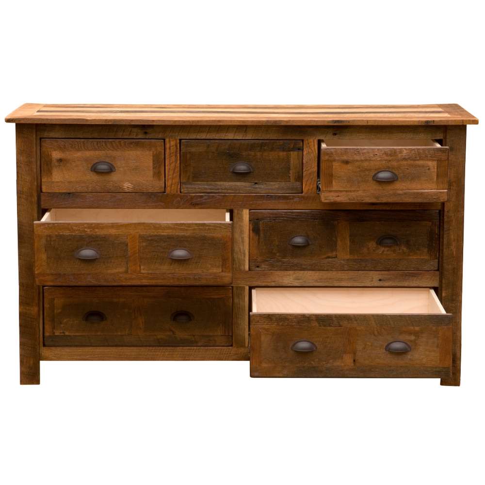 Fireside Lodge Barnwood Seven Drawer Dresser is shown from the front with several drawers open, revealing light interiors and dark metal handles