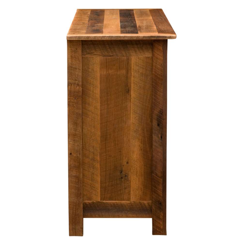 Fireside Lodge Barnwood Seven Drawer Dresser is shown from the side with a tall rustic barnwood body and thick plank-style top