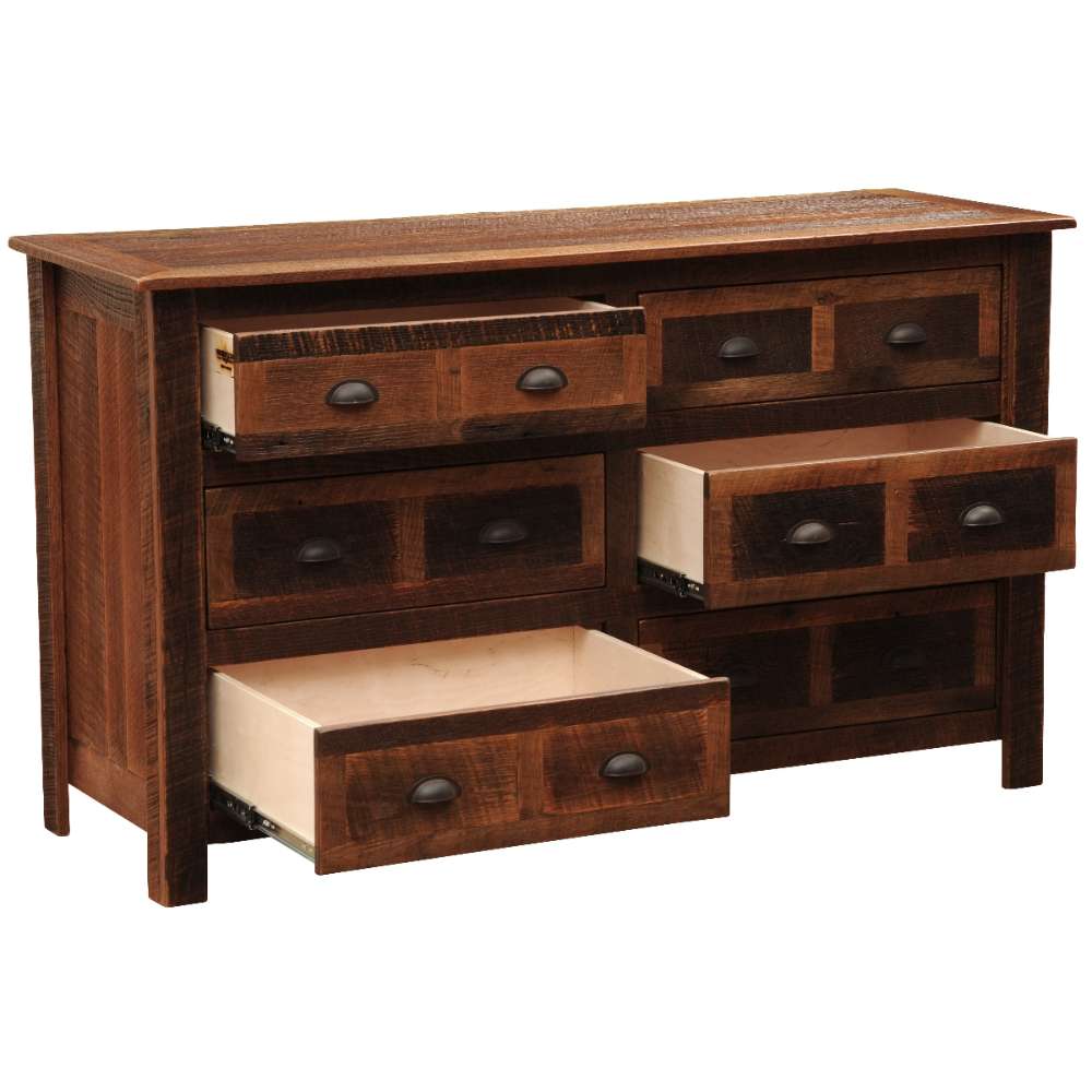 Fireside Lodge Barnwood Six Drawer Dresser shown angled with several drawers open, revealing light interiors and deep storage