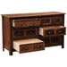 Fireside Lodge Barnwood Six Drawer Dresser shown angled with several drawers open, revealing light interiors and deep storage
