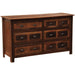 Fireside Lodge Barnwood Six Drawer Dresser shown at an angle, featuring rustic dark barnwood with six drawers and black metal pulls