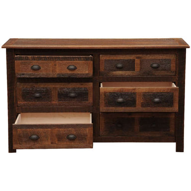 Fireside Lodge Barnwood Six Drawer Dresser shown from the front with drawers open, highlighting spacious storage and solid wood build