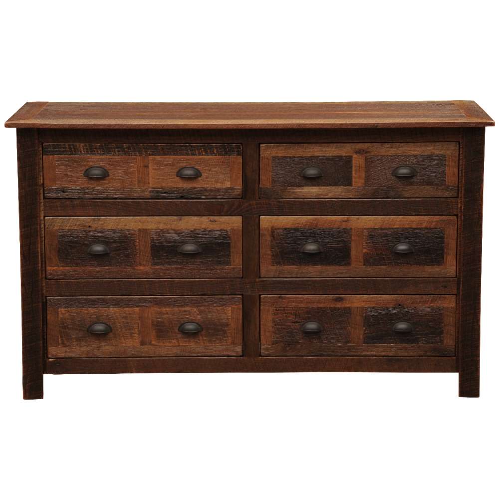 Fireside Lodge Barnwood Six Drawer Dresser shown from the front with six textured barnwood drawers and dark metal handles