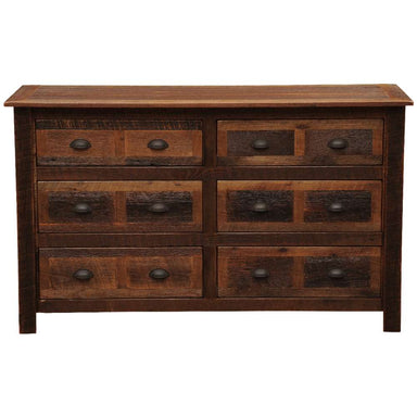 Fireside Lodge Barnwood Six Drawer Dresser shown from the front with six textured barnwood drawers and dark metal handles
