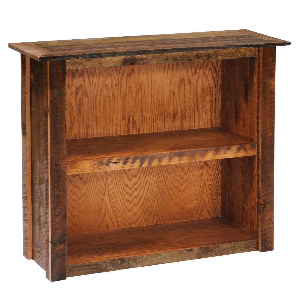Fireside Lodge Barnwood Small Bookshelf is a compact, rustic wooden bookshelf with a flat top, two open shelves, and thick barnwood-style sides
