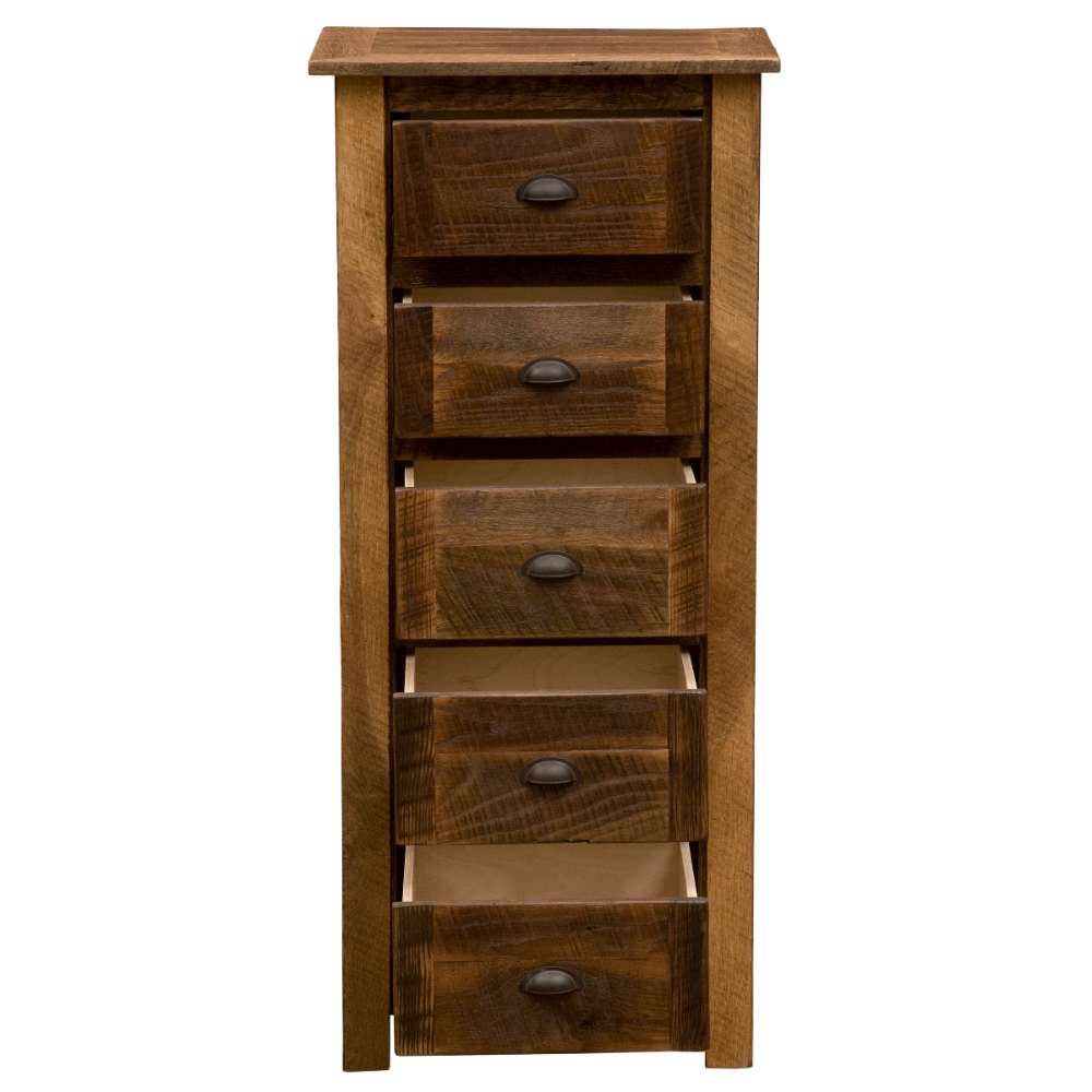 Fireside Lodge Barnwood Storage Chest is angled slightly with drawers open, highlighting its depth and solid wood build