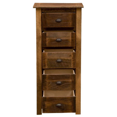 Fireside Lodge Barnwood Storage Chest is angled slightly with drawers open, highlighting its depth and solid wood build