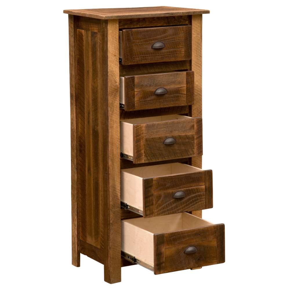 Fireside Lodge Barnwood Storage Chest shows multiple drawers pulled open, revealing light interiors inside a thick barnwood frame
