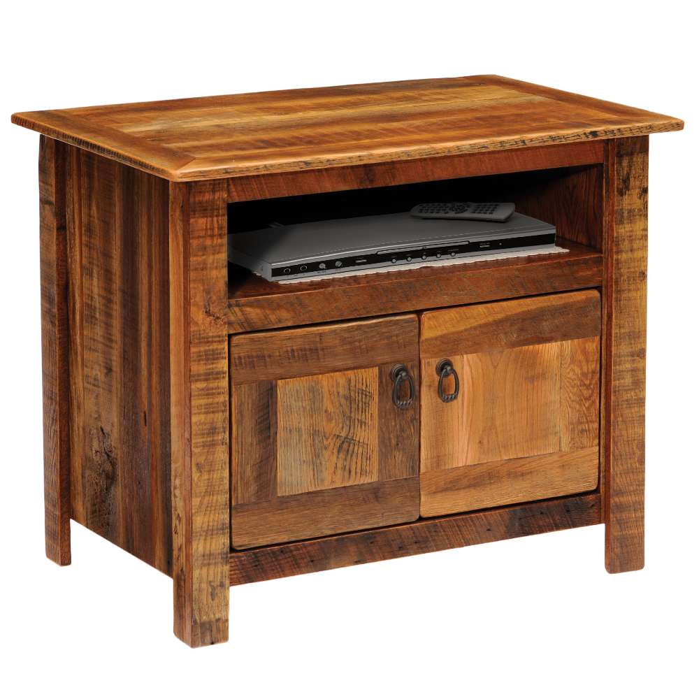 Fireside Lodge Barnwood Television Stand made of rustic wood with an open shelf and two small cabinet doors underneath