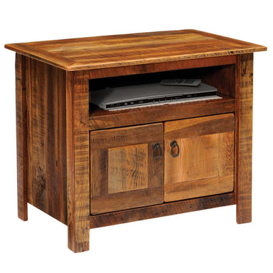 Fireside Lodge Barnwood Television Stand made of rustic wood with an open shelf and two small cabinet doors underneath