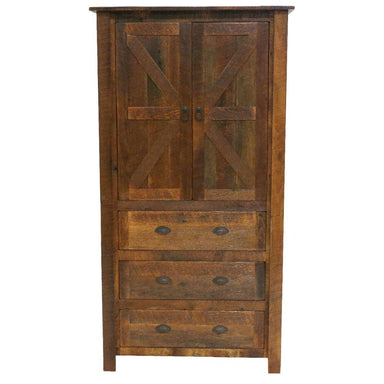 Fireside Lodge Barnwood Three Drawer Armoire features double crossbeam doors and three lower drawers in a distressed wood finish