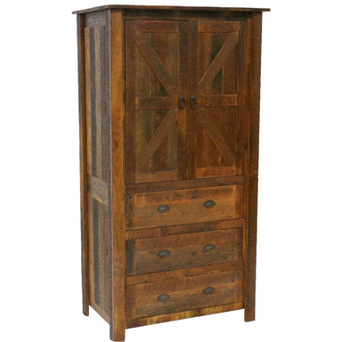 Fireside Lodge Barnwood Three Drawer Armoire is a tall rustic cabinet with two barn-style doors on top and three drawers below