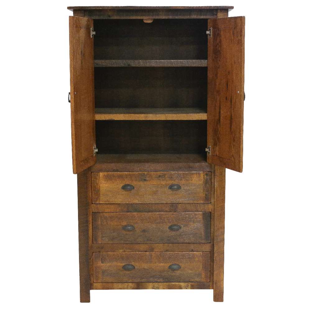 Fireside Lodge Barnwood Three Drawer Armoire is shown open, revealing interior shelves above three bottom drawers