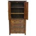 Fireside Lodge Barnwood Three Drawer Armoire is shown open, revealing interior shelves above three bottom drawers