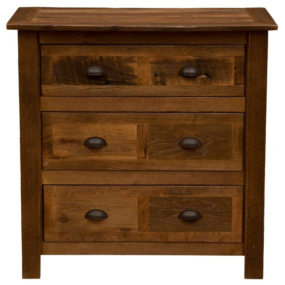 Fireside Lodge Barnwood Three Drawer Chest is shown from the front with all drawers closed, highlighting its solid wood build and natural grain