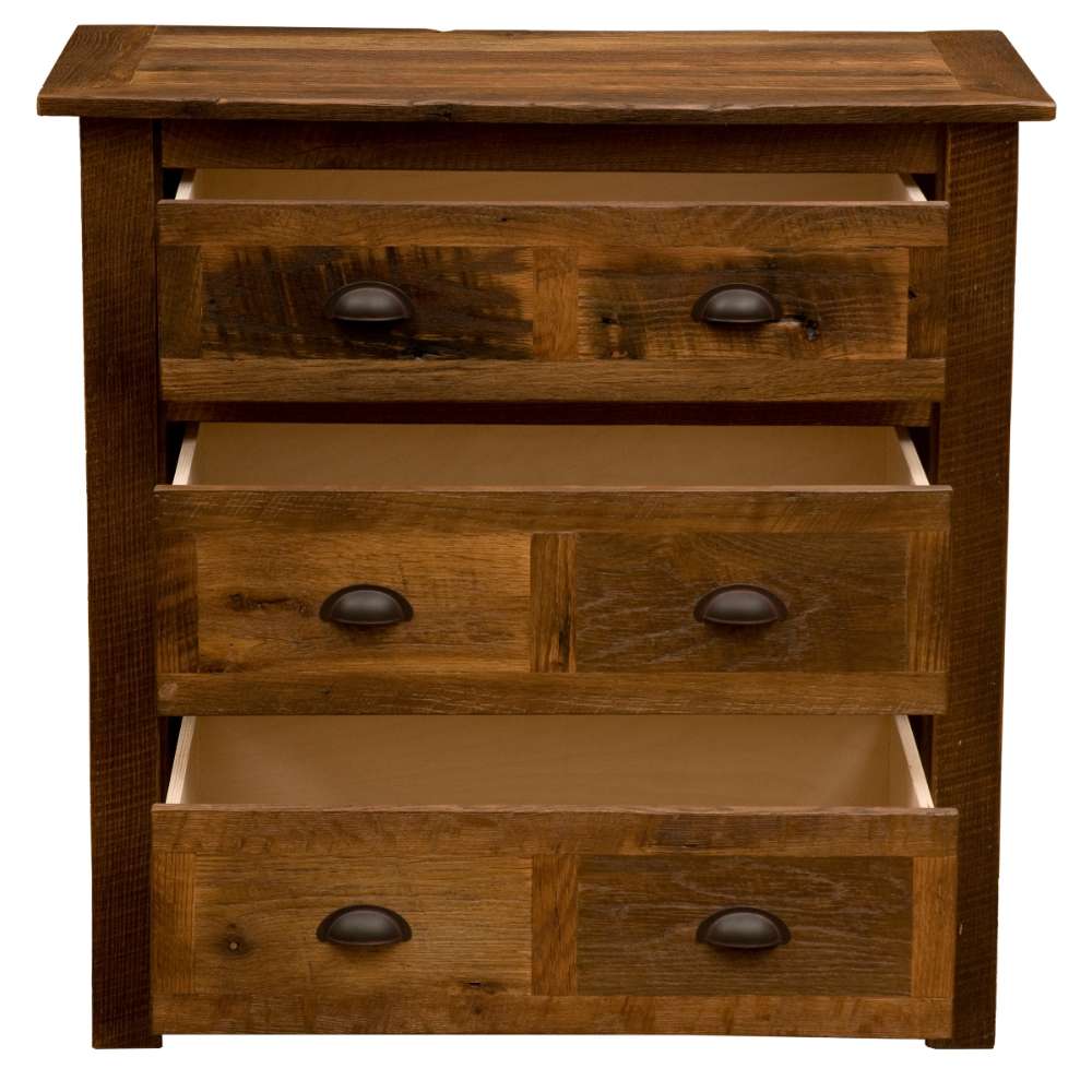 Fireside Lodge Barnwood Three Drawer Chest is shown from the front with drawers pulled out, showing their depth and storage space